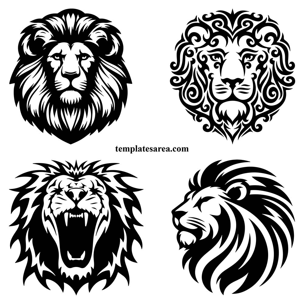Black and white, transparent lion head-face vectors for design projects.