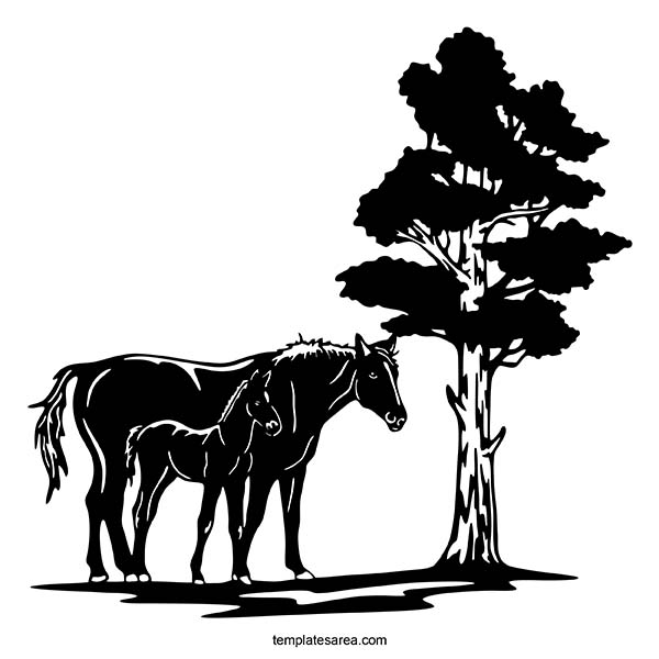 Black and white vector graphics of a mare and her foal standing beside a tree. Free SVG, PDF vector and transparent PNG files